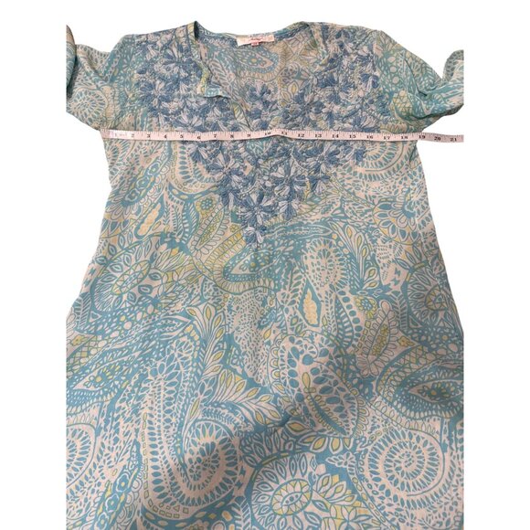 Amaya Womens Blue Silk Tunic Embroidered Paisley V-Neck Size 38 / US Small - Picture 5 of 8